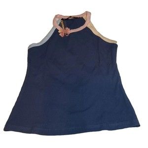FANCYINN Womans Ribbed Blue Tank Top with Pink/Tan Trim Size Small NEW